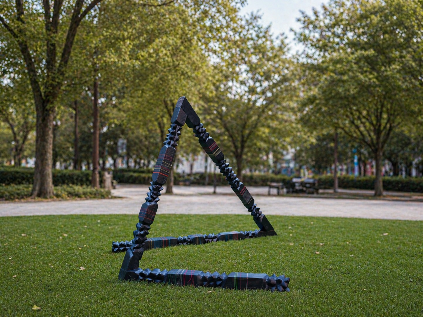 Invitation to Play — an outdoor redwood sculpture with threads.