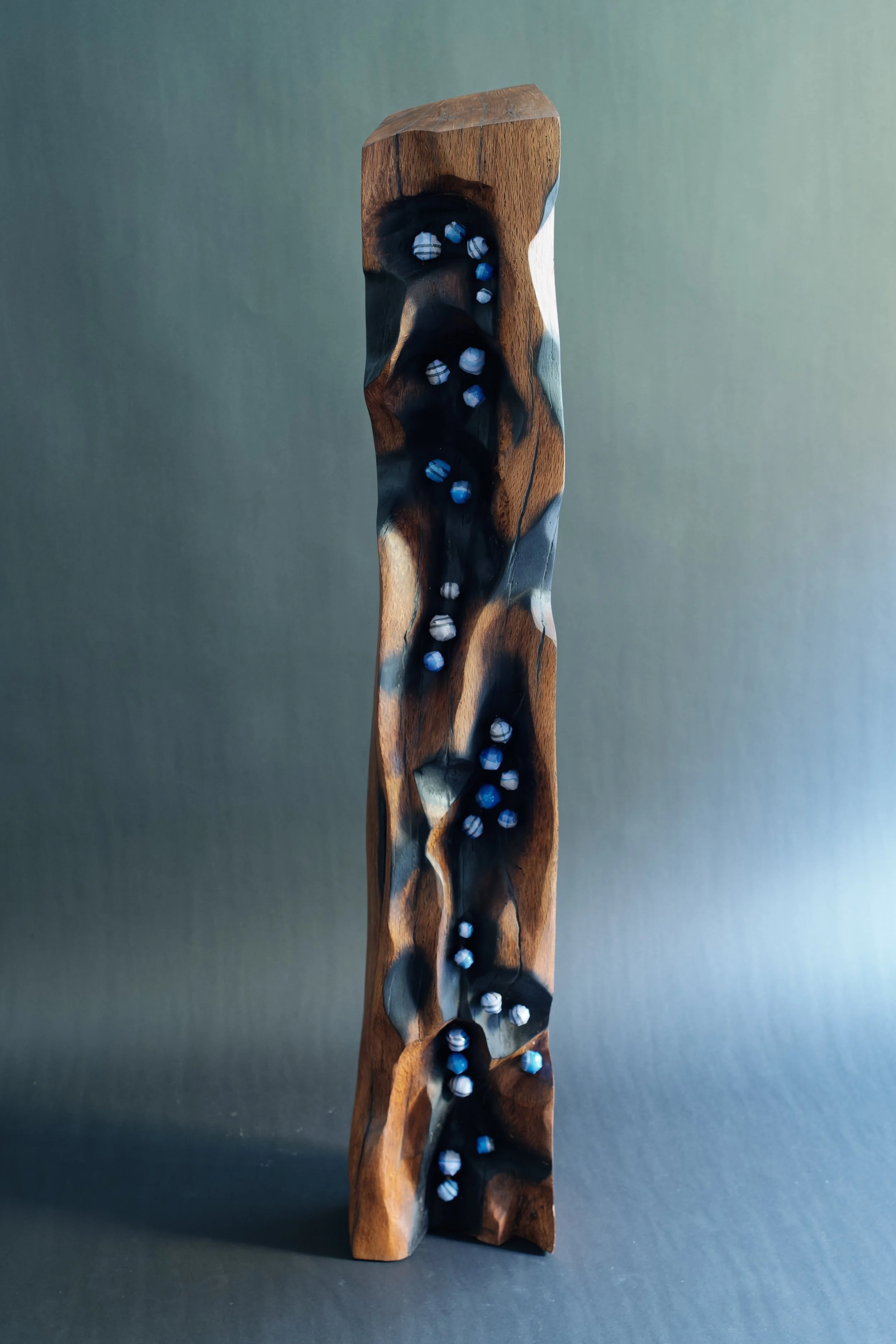 Destiny — Lines That Walked With Me — a charred oak sculpture with fabric.