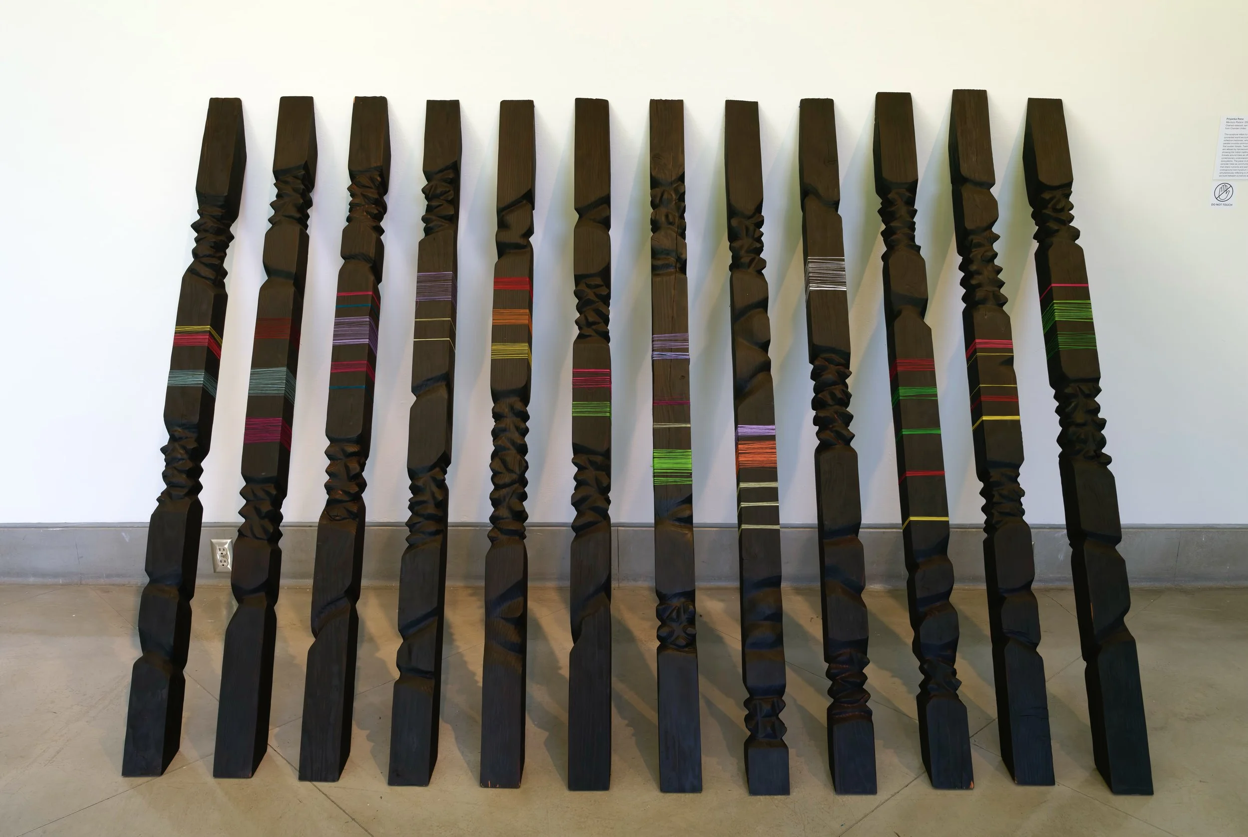 Memory Palace — a charred redwood sculpture threaded with sari fabric.