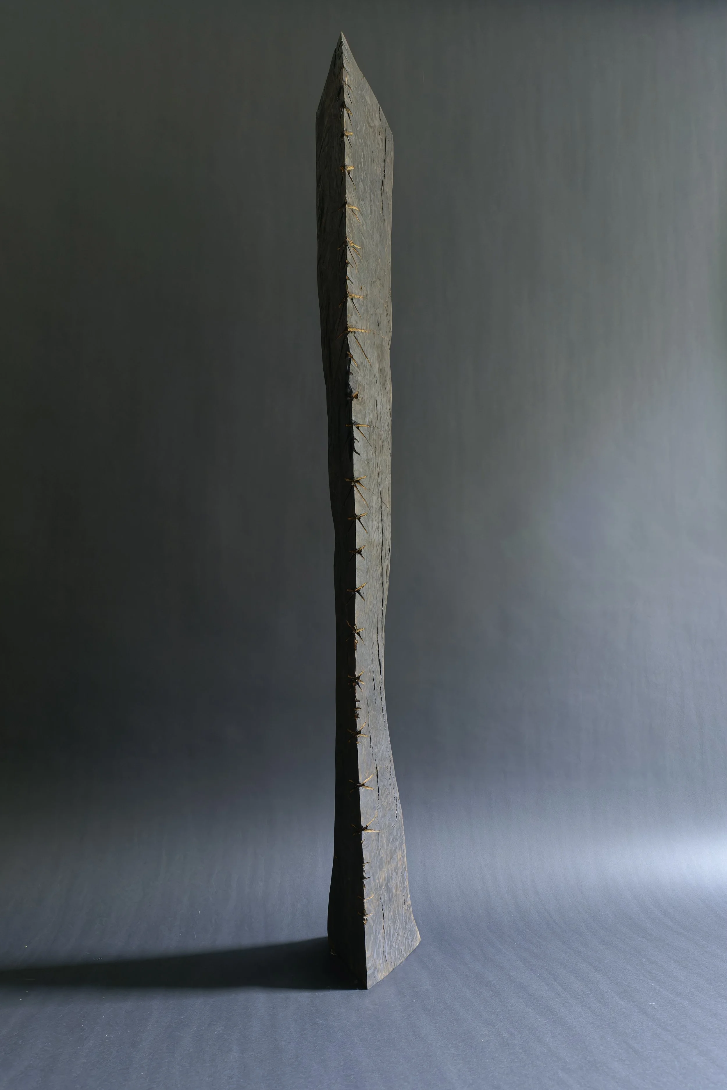 Two bodies healing — a partially charred oak sculpture of two joined forms.